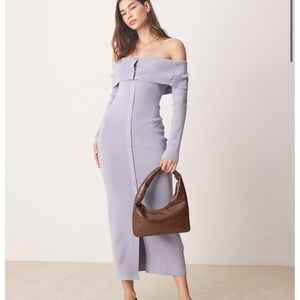 Abercrombie Fitch Ribbed Fold Over Off Shoulder Button Front Midi Dress Lilac L